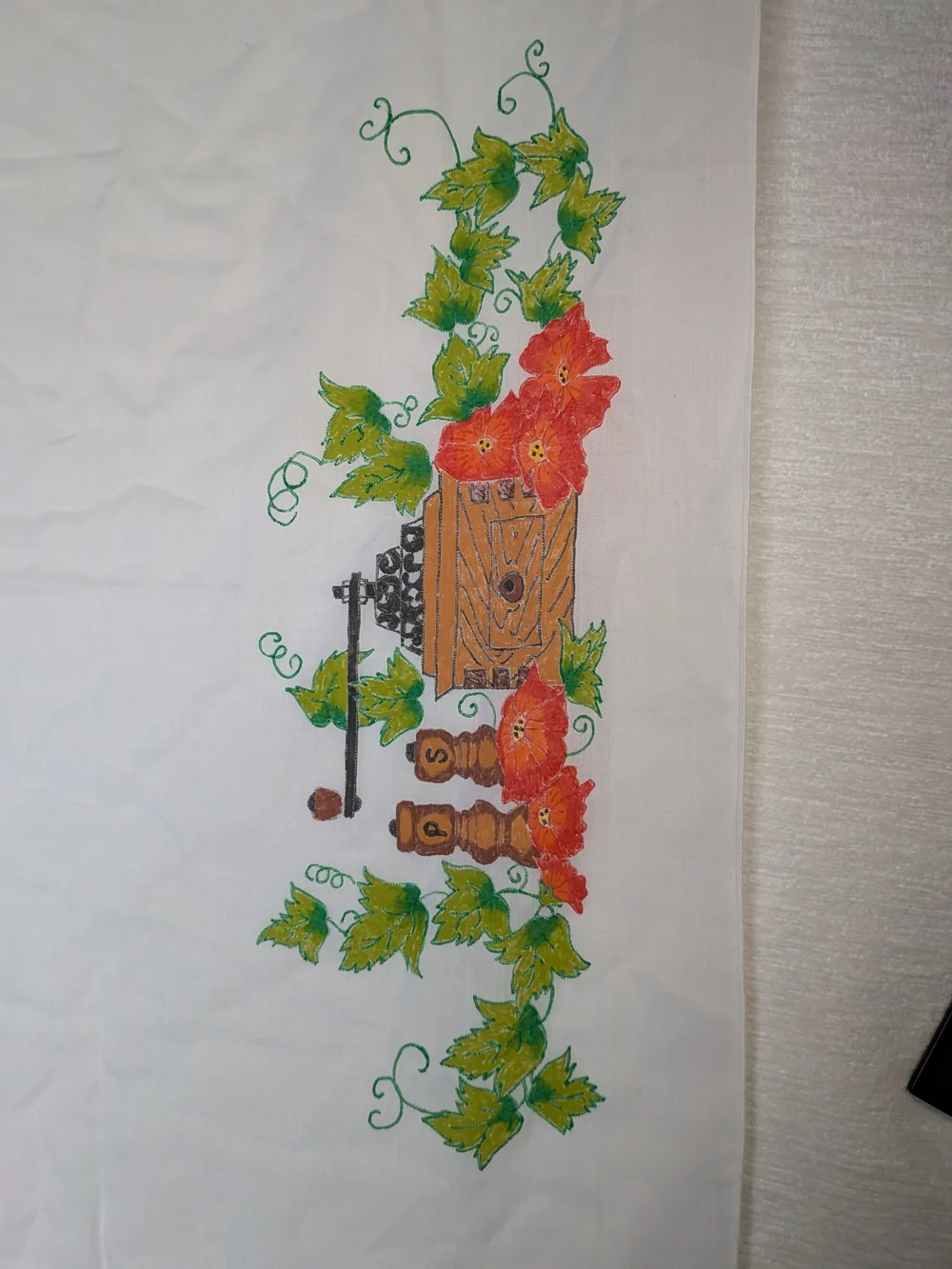 Vintage Hand painted Liquid Embroidery Cotton Table Cloth Vine Coffee Grinder